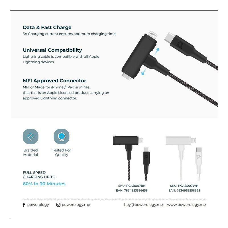 Powerology Braided USB-C to USB-C + Lightning Data & Fast Charge Cable - 1.2m/4ft - Black, , large image number 3