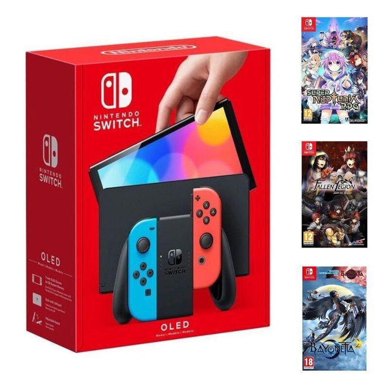 Nintendo Switch OLED Neon Joy-Con Console + Bayonetta 2 + Super Neptunia + Fallen Legion, , large image number 0