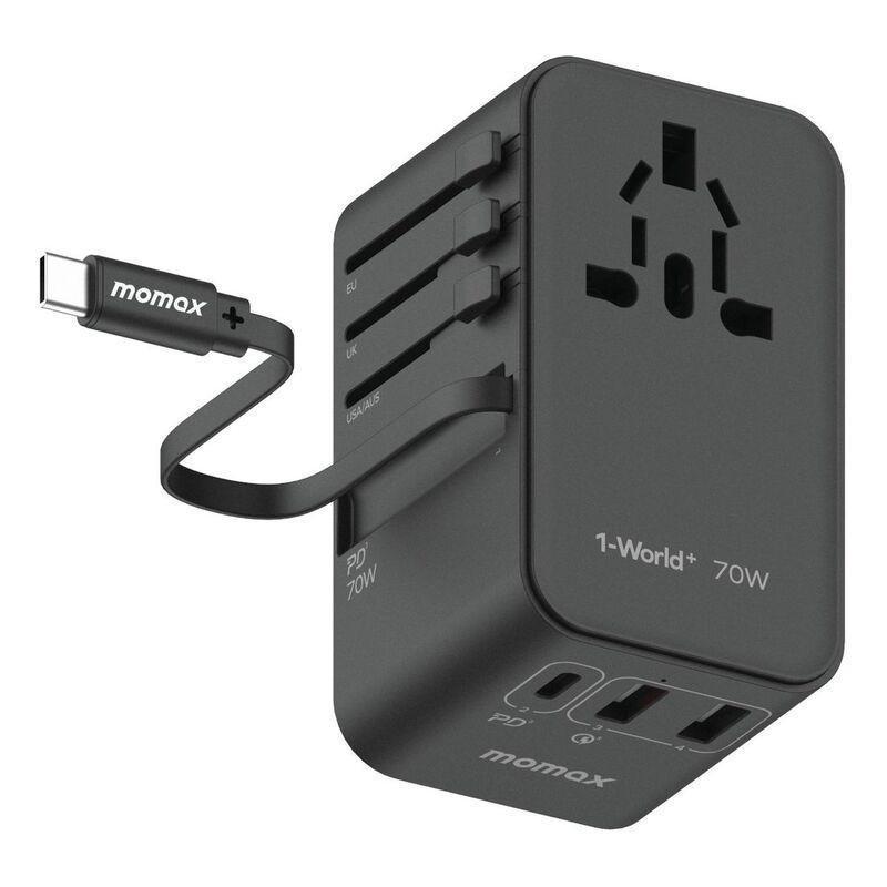 Momax 1-World 70W GaN 3 Port With Built-In USB-C Cable AC Travel Adaptor - Black, , medium