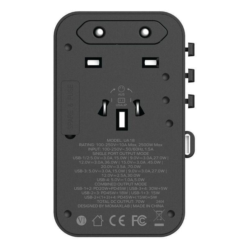 Momax 1-World 70W GaN 3 Port With Built-In USB-C Cable AC Travel Adaptor - Black, , large image number 3