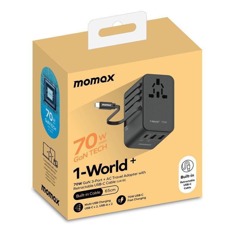 Momax 1-World 70W GaN 3 Port With Built-In USB-C Cable AC Travel Adaptor - Black, , large image number 6