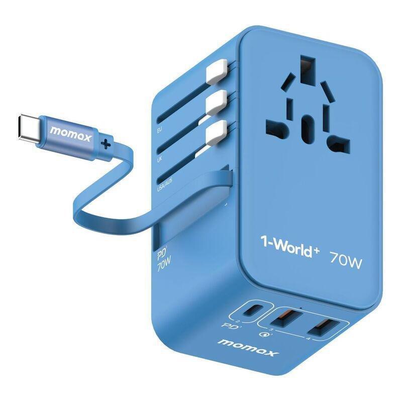 Momax 1-World 70W GaN 3 Port With Built-In USB-C Cable AC Travel Adaptor - Blue, , large image number 0