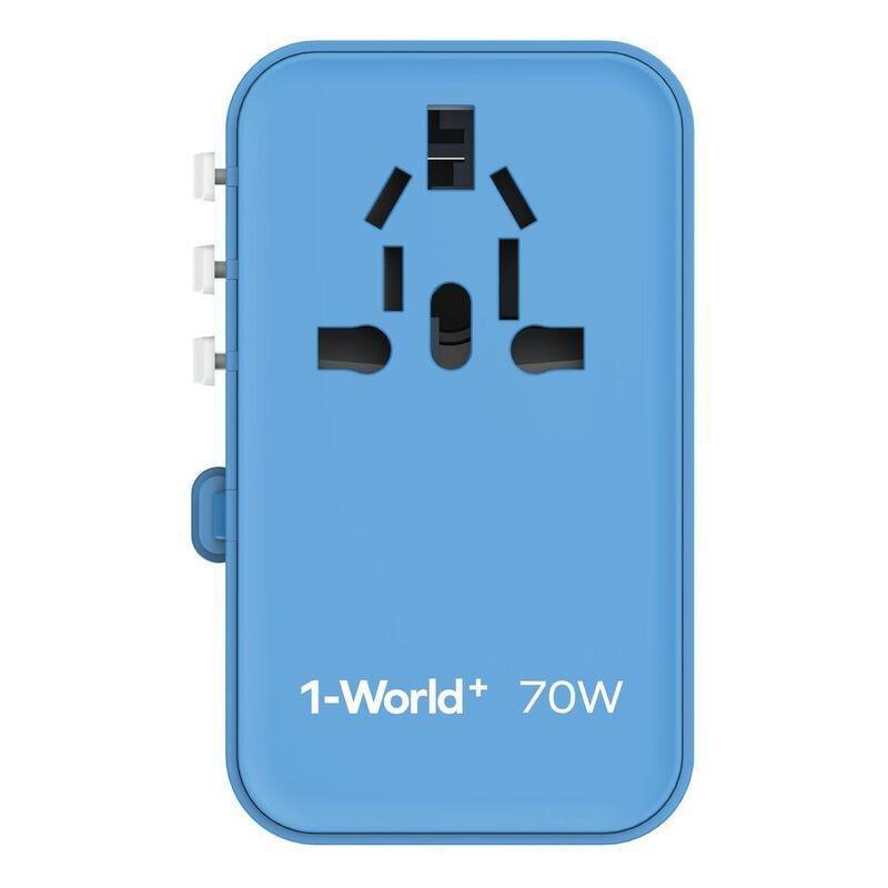 Momax 1-World 70W GaN 3 Port With Built-In USB-C Cable AC Travel Adaptor - Blue, , large image number 1