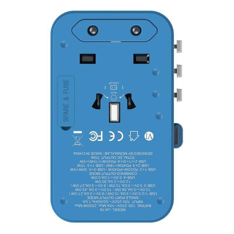 Momax 1-World 70W GaN 3 Port With Built-In USB-C Cable AC Travel Adaptor - Blue, , large image number 3