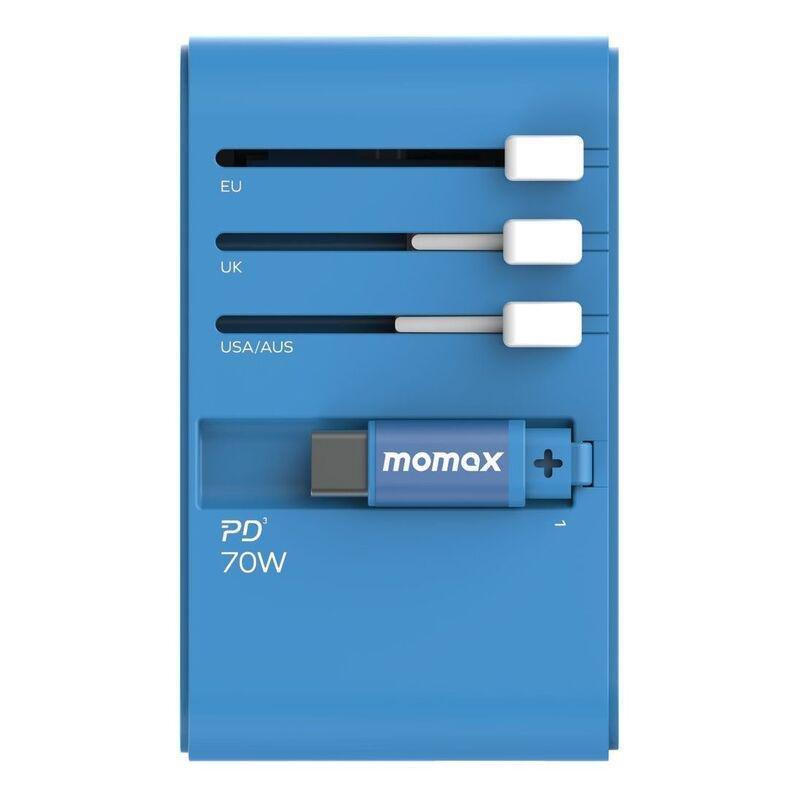 Momax 1-World 70W GaN 3 Port With Built-In USB-C Cable AC Travel Adaptor - Blue, , large image number 4