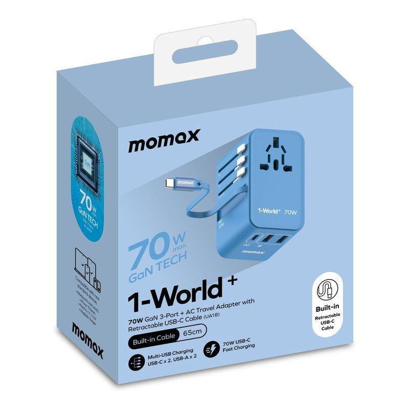 Momax 1-World 70W GaN 3 Port With Built-In USB-C Cable AC Travel Adaptor - Blue, , large image number 5