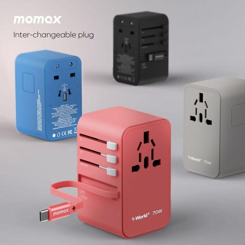 Momax 1-World 70W GaN 3 Port With Built-In USB-C Cable AC Travel Adaptor - Blue, , large image number 6