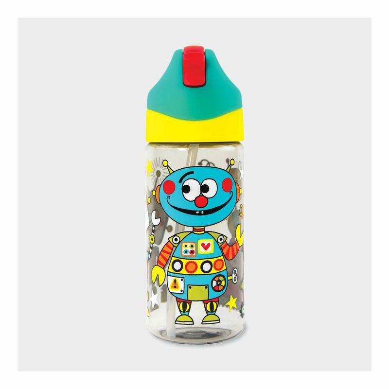 Rachel Ellen Designs Drinks Bottle With Straw Robots 350ml, , large image number 0