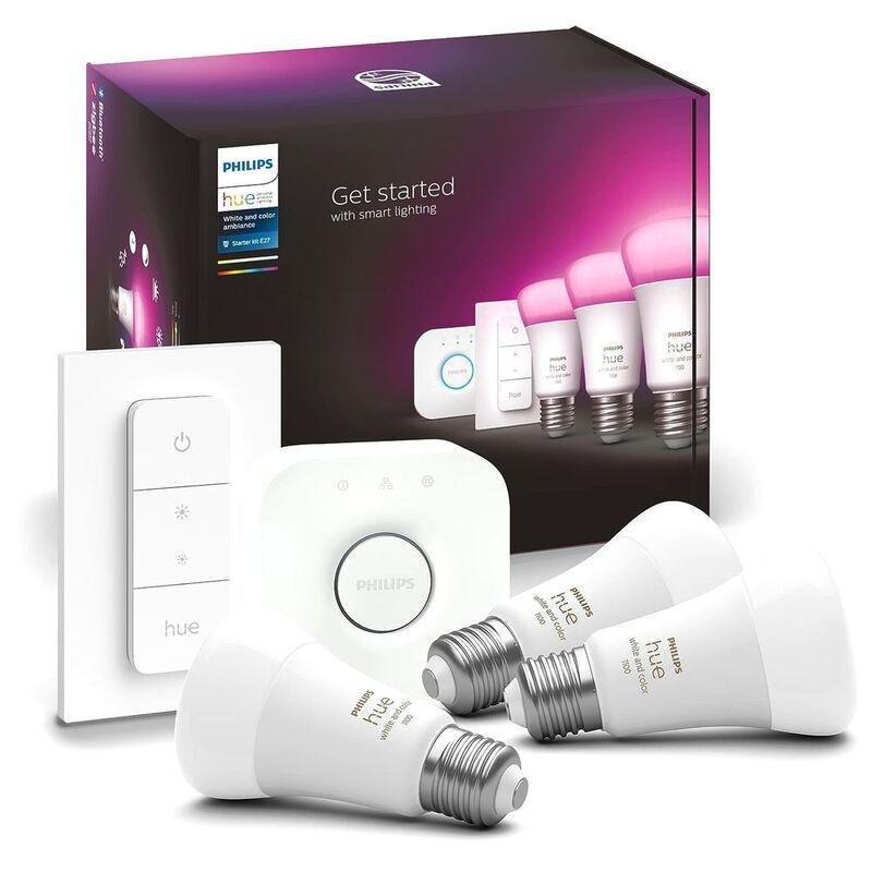 Philips Hue White And Colour Ambiance Starter Kit E27 Smart Bulbs (75W) (Includes Bridge + Dimmer Switch) (Pack of 3), , medium