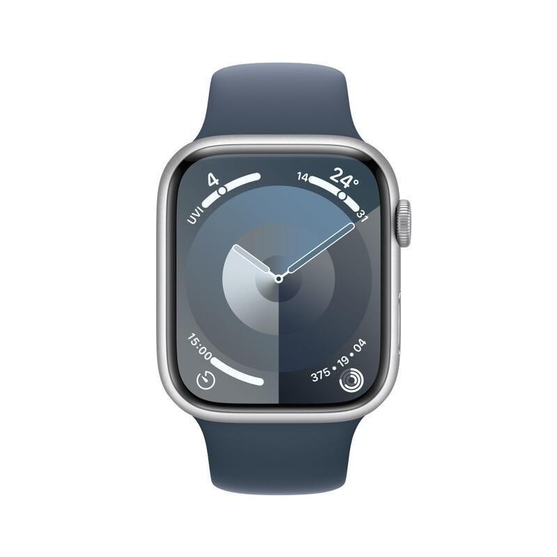 Apple Watch Series 9 GPS 45mm Silver Aluminium Case with Storm Blue Sport Band - M/L, , large image number 1