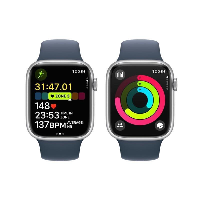 Apple Watch Series 9 GPS 45mm Silver Aluminium Case with Storm Blue Sport Band - M/L, , large image number 8