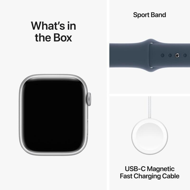 Apple Watch Series 9 GPS 45mm Silver Aluminium Case with Storm Blue Sport Band - M/L, , large image number 10