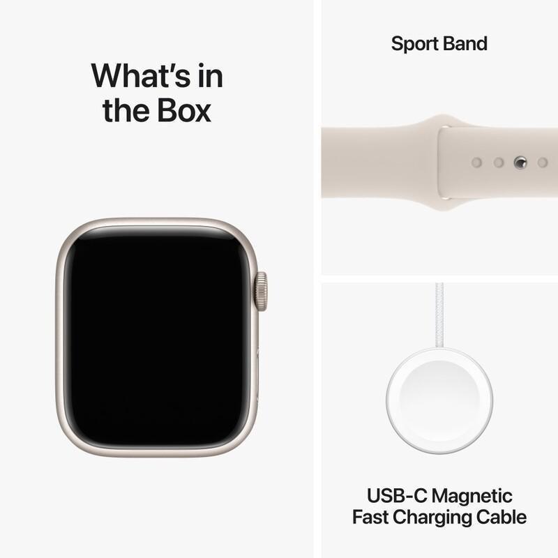 Apple Watch Series 9 GPS 45mm Starlight Aluminium Case with Starlight Sport Band - S/M, , large image number 7