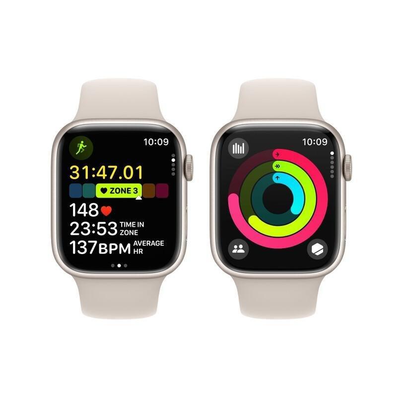 Apple Watch Series 9 GPS 45mm Starlight Aluminium Case with Starlight Sport Band - S/M, , large image number 10