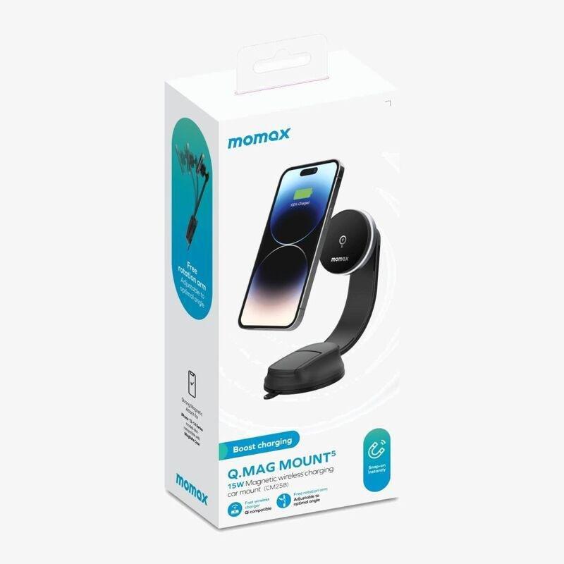 Momax Q.Mag Mount 5 15W Magnetic Wireless Charging Car Mount Suction Cup - Black, , medium