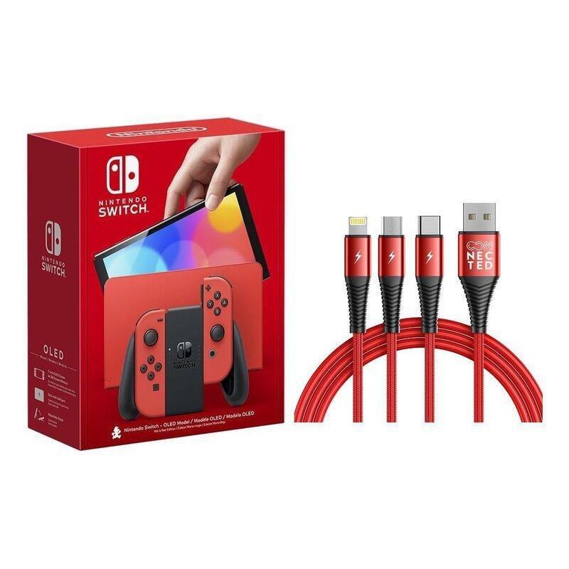 NINTENDO - Nintendo Switch OLED - Mario RED Edition Console + Connected Thicky 3-in-1 USB-A to Lightning/USB-C/Micro USB Cable 1.2m - Red (Bundle)