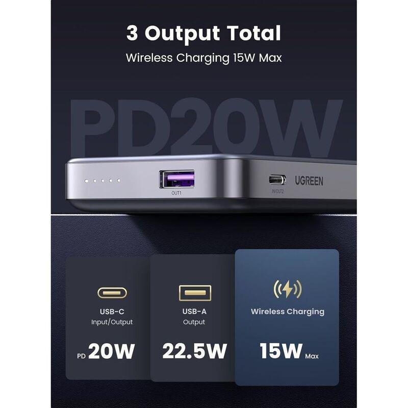 Ugreen 10000Mah 15W PD 20W USB-C Port 22.5W QC 3.0 Magsafe Power Bank - Grey, , large image number 8