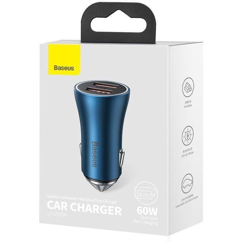 Baseus Golden Contactor Max Dual Fast Charger Car Charger USB-A + USB-C 60W - Blue, , large image number 6