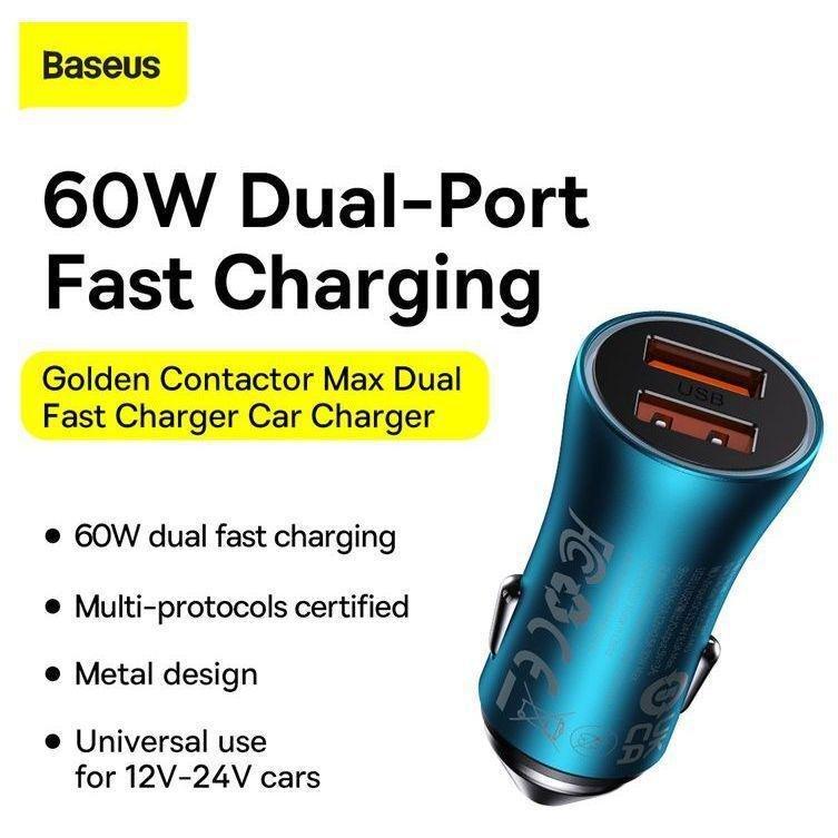 Baseus Golden Contactor Max Dual Fast Charger Car Charger USB-A + USB-C 60W - Blue, , large image number 7