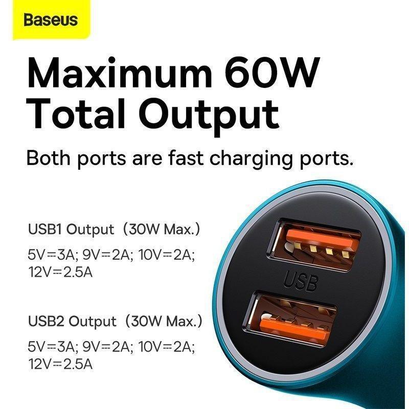 Baseus Golden Contactor Max Dual Fast Charger Car Charger USB-A + USB-C 60W - Blue, , large image number 8