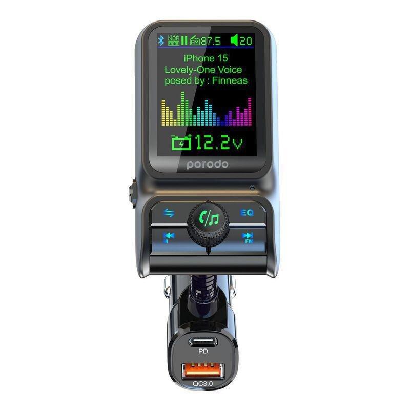 Porodo Dual Port Car Charger FM Transmitter PD 36W QC 18W - Black, , large image number 1