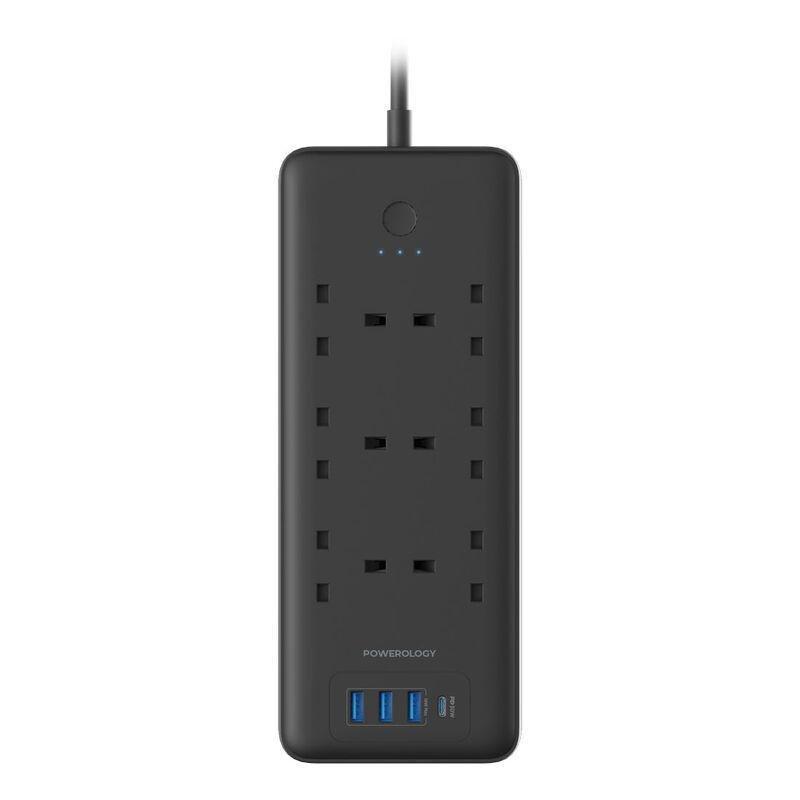 Powerology 48W 6AC 1x PD USB-C and 3x QC USB-A Power Strip - Black (UK), , medium