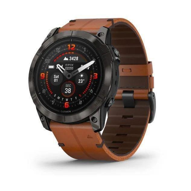 GARMIN - Garmin epix Pro (Gen 2) - Sapphire Edition Smartwatch - Carbon Grey DLC Titanium with Chestnut Leather Band (51mm)