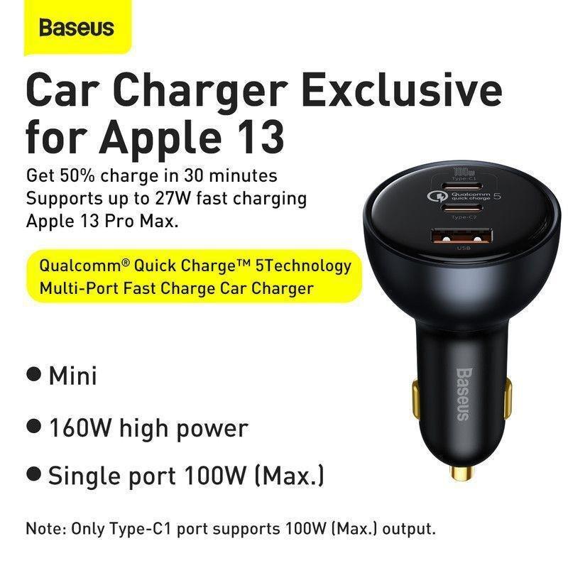 Baseus Qualcomm Quick Charge 5 Technology Multi-Port Fast Charge Car Charger & 1m Cable - Black, , large image number 1