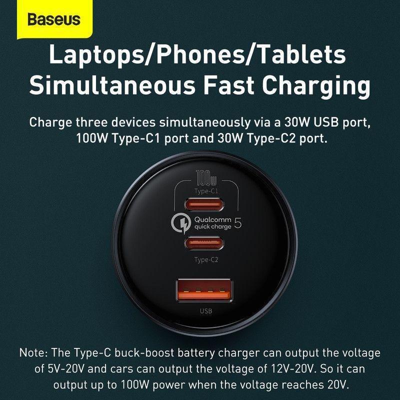 Baseus Qualcomm Quick Charge 5 Technology Multi-Port Fast Charge Car Charger & 1m Cable - Black, , large image number 3