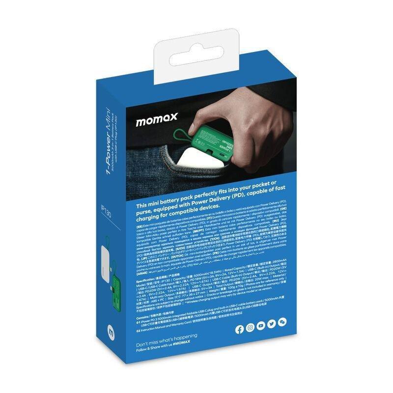 Momax 1-Power Mini 5000Mah 3-In-1 Power Bank With USB-C Plug - Green, , large image number 8