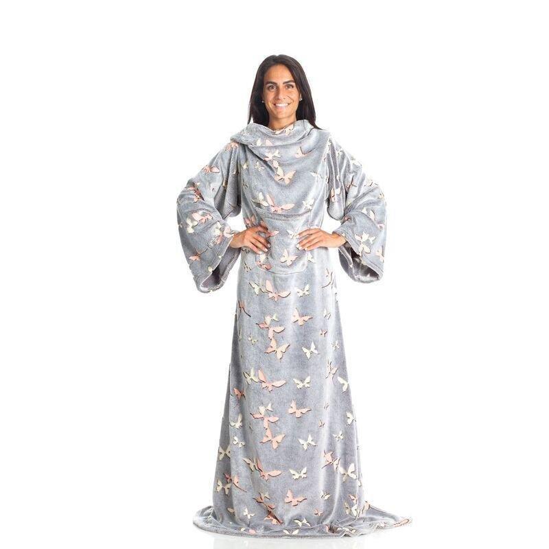 Kanguru Deluxe Glow Wearable Blanket With Sleeves And A Pocket - Butterflies (140 x 180cm), , medium