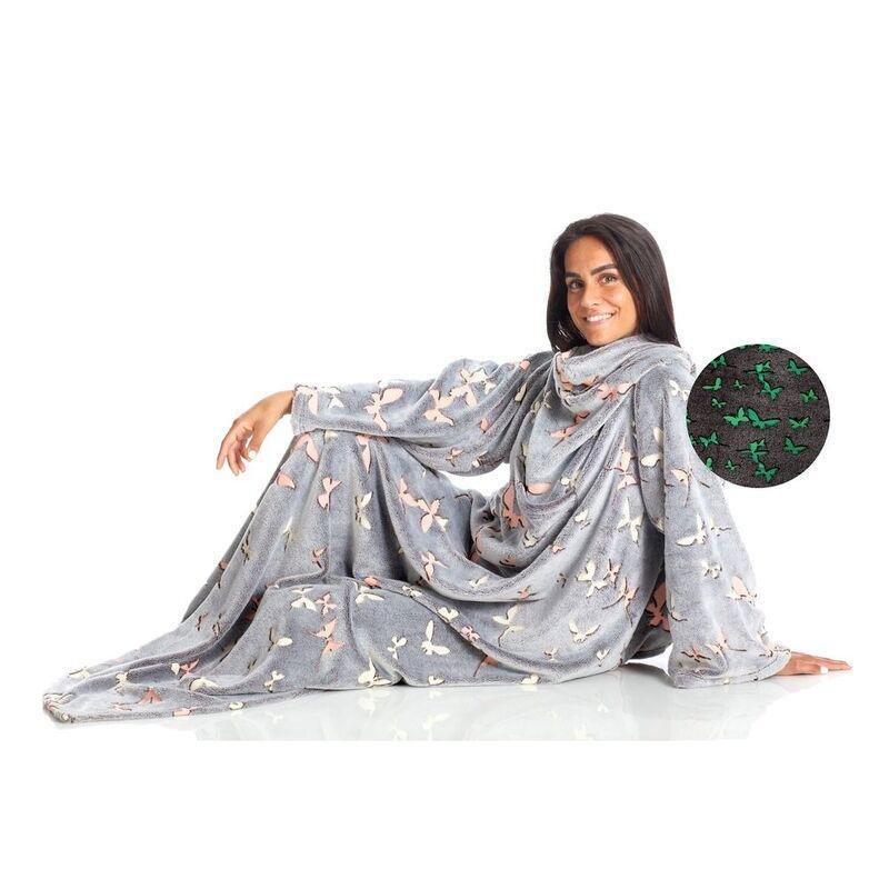 Kanguru Deluxe Glow Wearable Blanket With Sleeves And A Pocket - Butterflies (140 x 180cm), , large image number 1