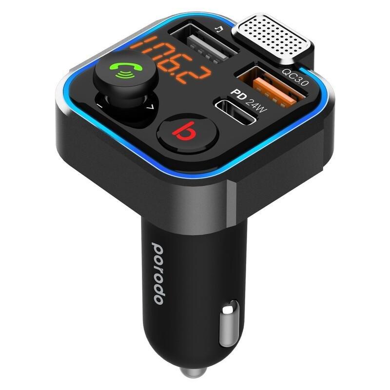 Porodo Smart Car Charger FM Transmitter with 24W PD Port & QC 3.0 Black, , medium