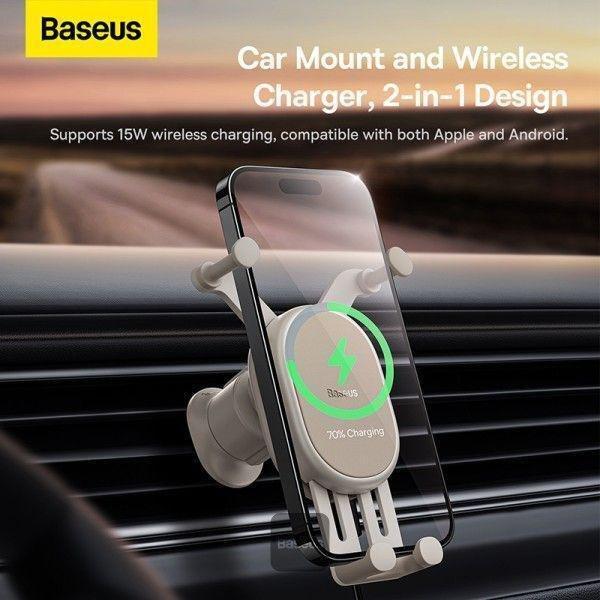 Baseus Stable Gravitational Wireless Charging Car Mount Pro 15W (Air Outlet Version) - Creamy White, , large image number 3