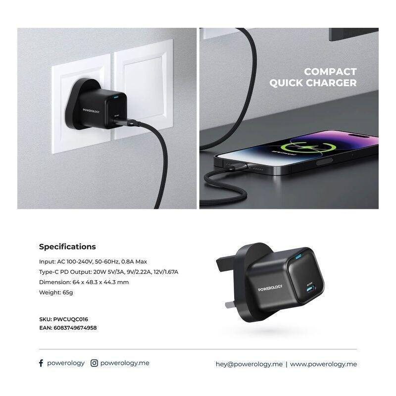 Powerology UK 3Pin Ultra-Compact USB-C GaN Charger 20W - Black, , large image number 1