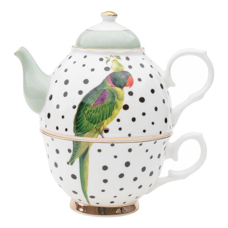 Yvonne Ellen Tea For One Teapot & Cup - Parrot Polka Dots, , large image number 0