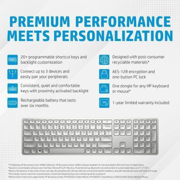 HP 970 Programmable Rechargeable Wireless Keyboard - Silver (Arabic/English), , large image number 2