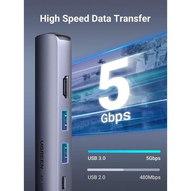 UGREEN Ultra Slim 5-in-1 USB-C Hub - Grey, , large image number 3