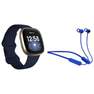 FITBIT - Fitbit Versa 3 Smartwatch Midnight/Soft Gold & Skullcandy Jib+ Wireless Earphones Blue (Bundle)