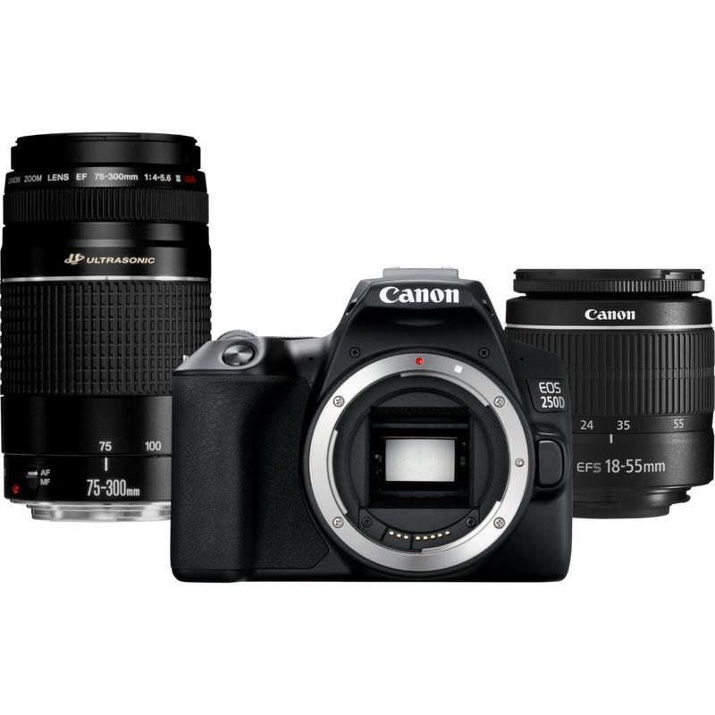 Canon EOS 250D DSLR Camera Black + EF-S 18-55mm F/3.5-5.6 III + EF 75-300mm F/4-5.6 III USM Zoom Lens (Bundle), , large image number 0