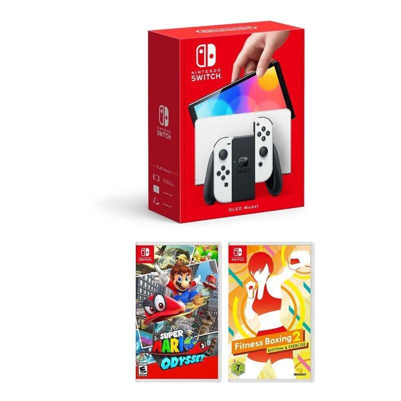 Nintendo Switch OLED White Joy-Con + Super Mario Odyssey + Fitness Boxing 2 Rhythm Exercise (Bundle), , large image number 0