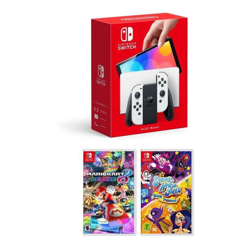 Nintendo Switch OLED White Joy-Con + Mario Kart 8 Deluxe + DC Super Hero Girls Teen Power (Bundle), , large image number 0