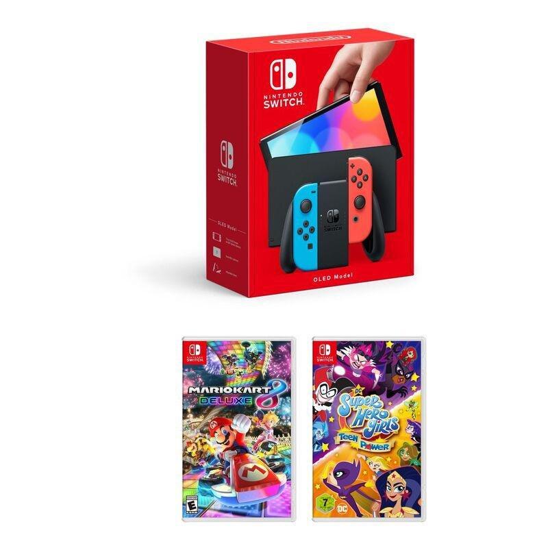 Nintendo Switch OLED Neon Joy-Con + Mario Kart 8 Deluxe + DC Super Hero Girls Teen Power, , large image number 0