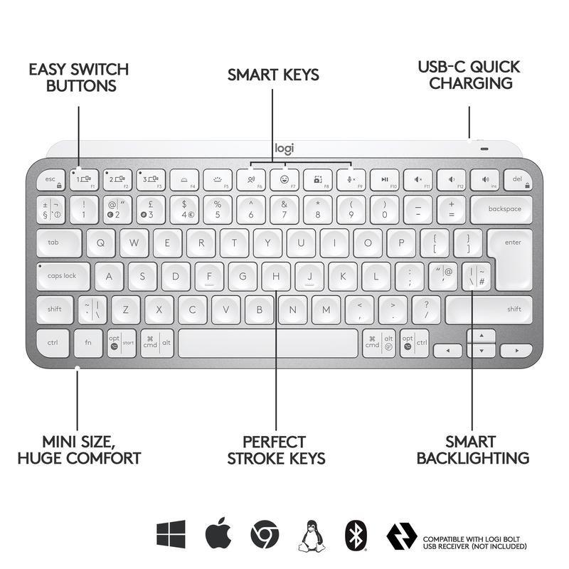 Logitech MX Keys Mini Wireless Illuminated Keyboard - (US International) - Pale Grey, , large image number 8