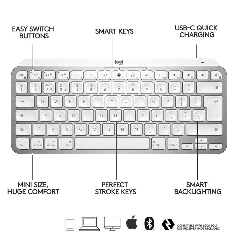 Logitech MX Keys Mini Wireless Illuminated Keyboard - (US International) - Pale Grey, , large image number 7