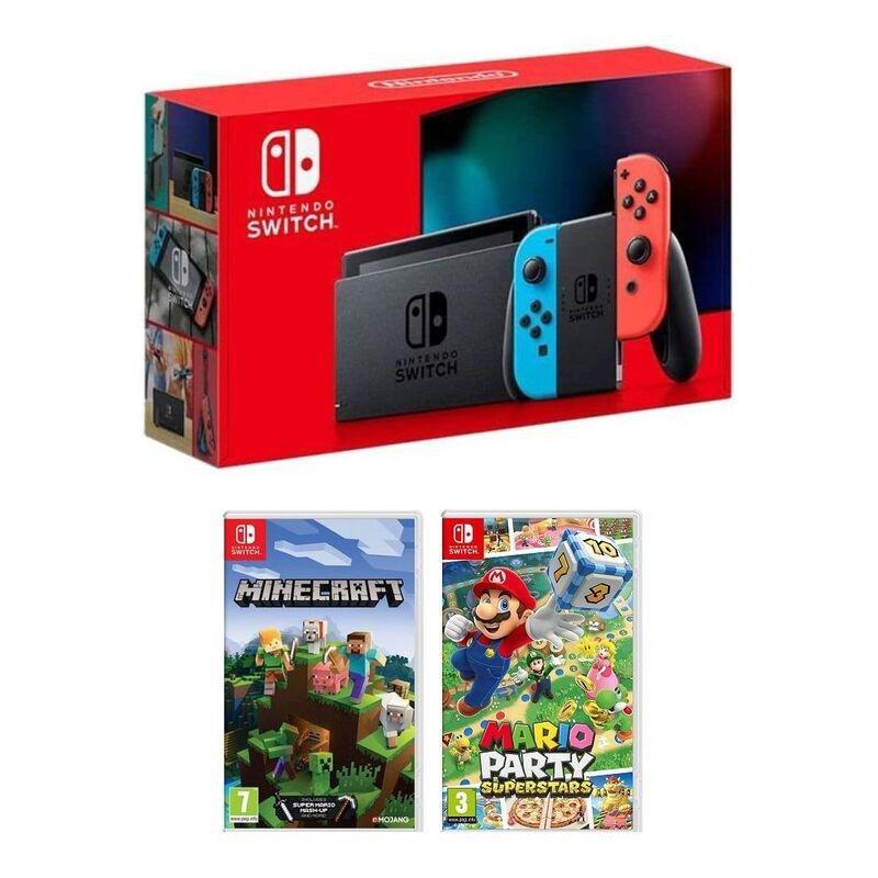 Nintendo Switch Extended Battery Console Neon Joy-Con + Mario Party Superstars + Minecraft, , large image number 0