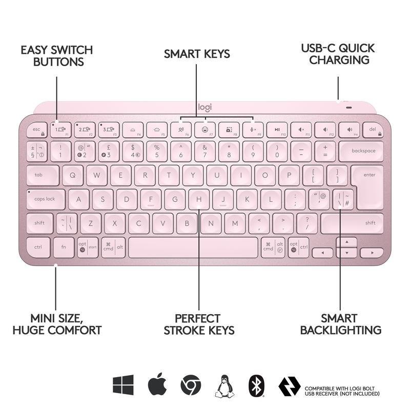 Logitech MX Keys Mini Wireless Illuminated Keyboard - (US International) - Rose, , large image number 2