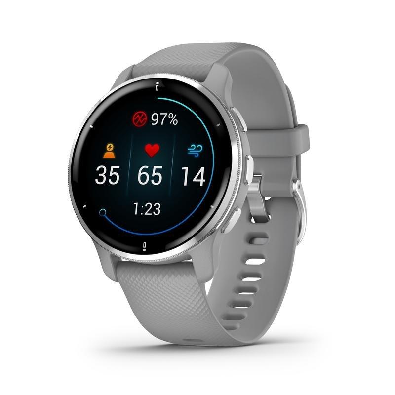 GARMIN - Garmin Venu 2 Plus Silver Stainless Steel Bezel with Powder Grey Case and Silicone Band Smartwatch