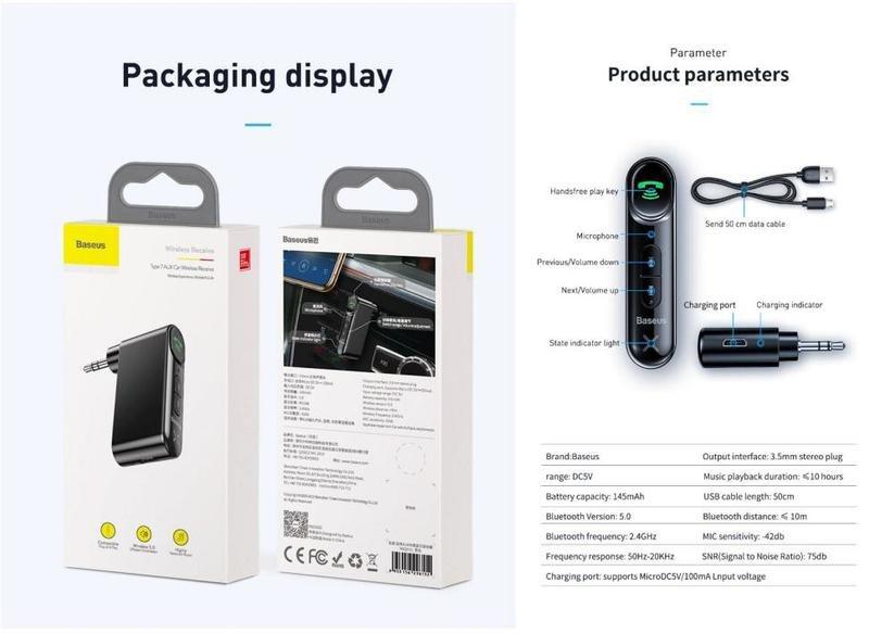 Baseus Qiyin AUX Car Bluetooth Receiver Black, , large image number 1