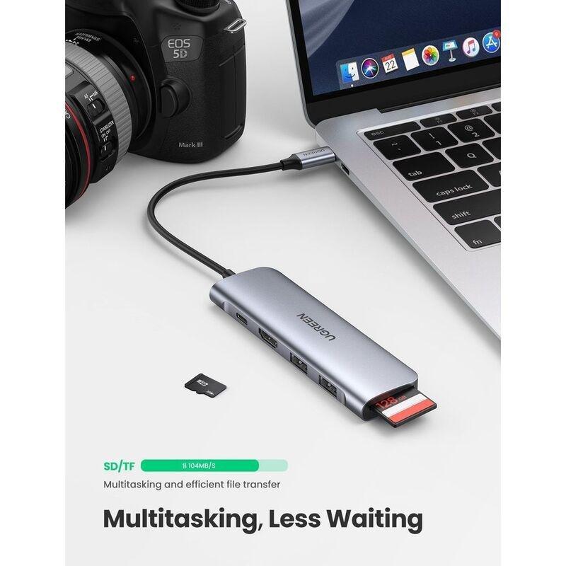 UGreen 6-In-1 USB-C Multifunction Hub with 4K HDMI (HDMI + SD + TF + 2 USB 3.0 + PD) - Grey, , large image number 3